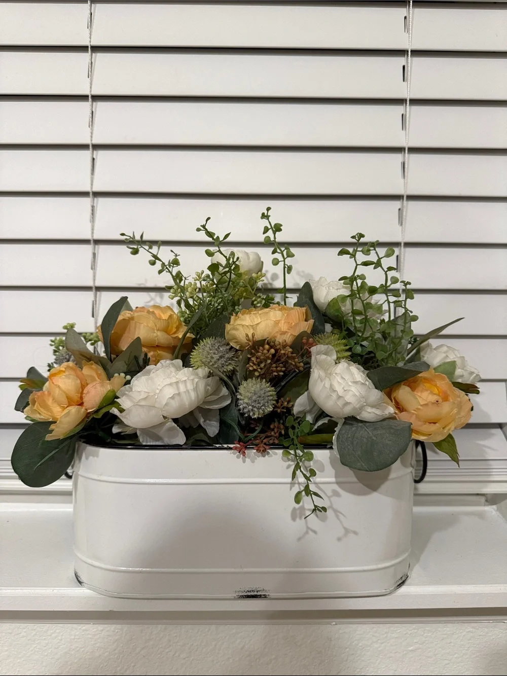 Artificial Peach & White Flower Arrangement in White Metal Planter
